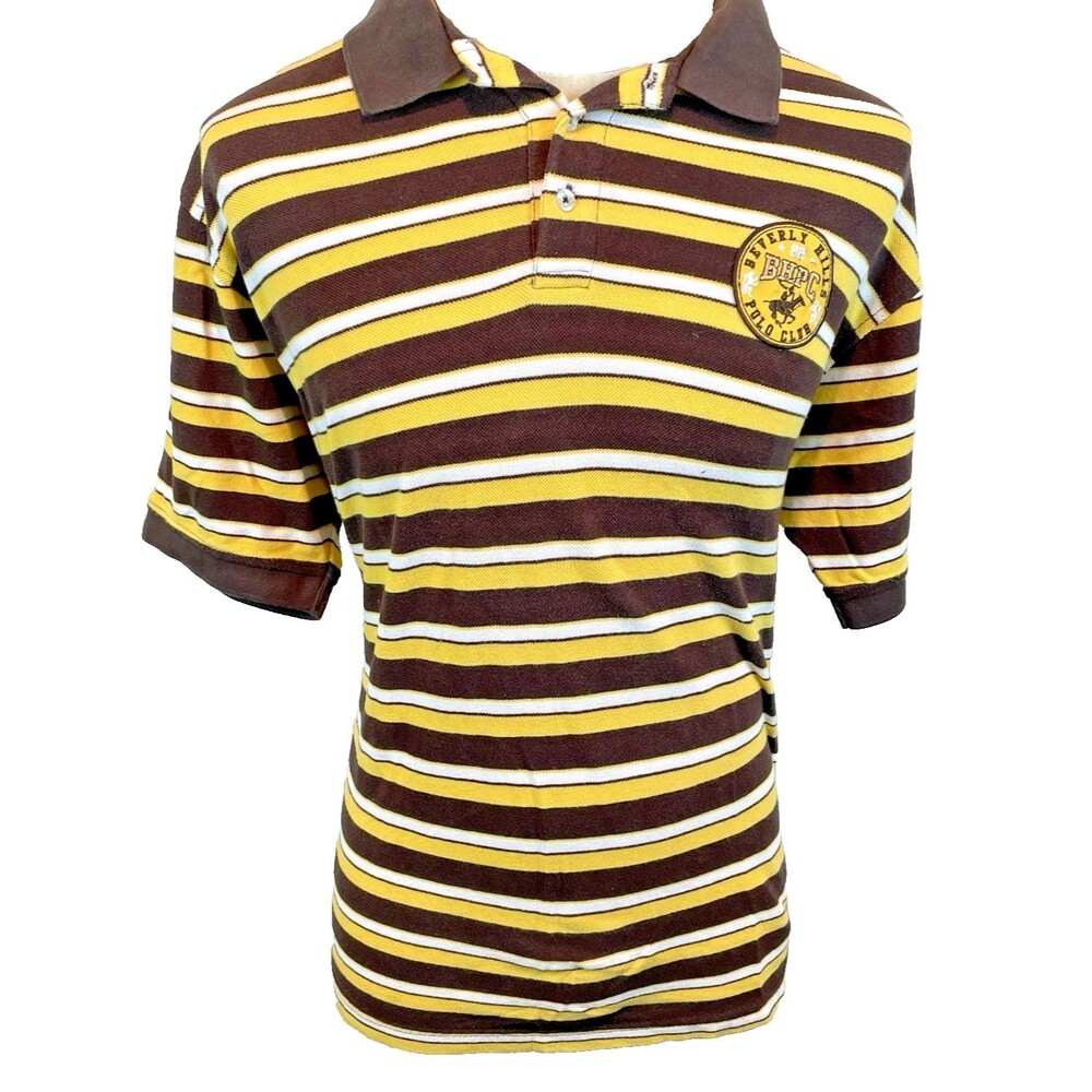 Mens Beverly Hills Polo Club Brown/Yellow Striped Cotton Knit Polo Golf Shirt Lg